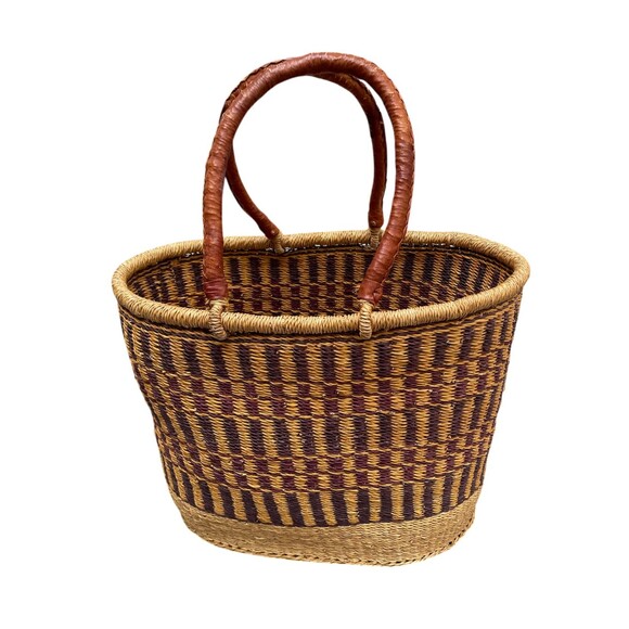 Large West African HandmadeBasket Leather Trim Elephant Grass Tote